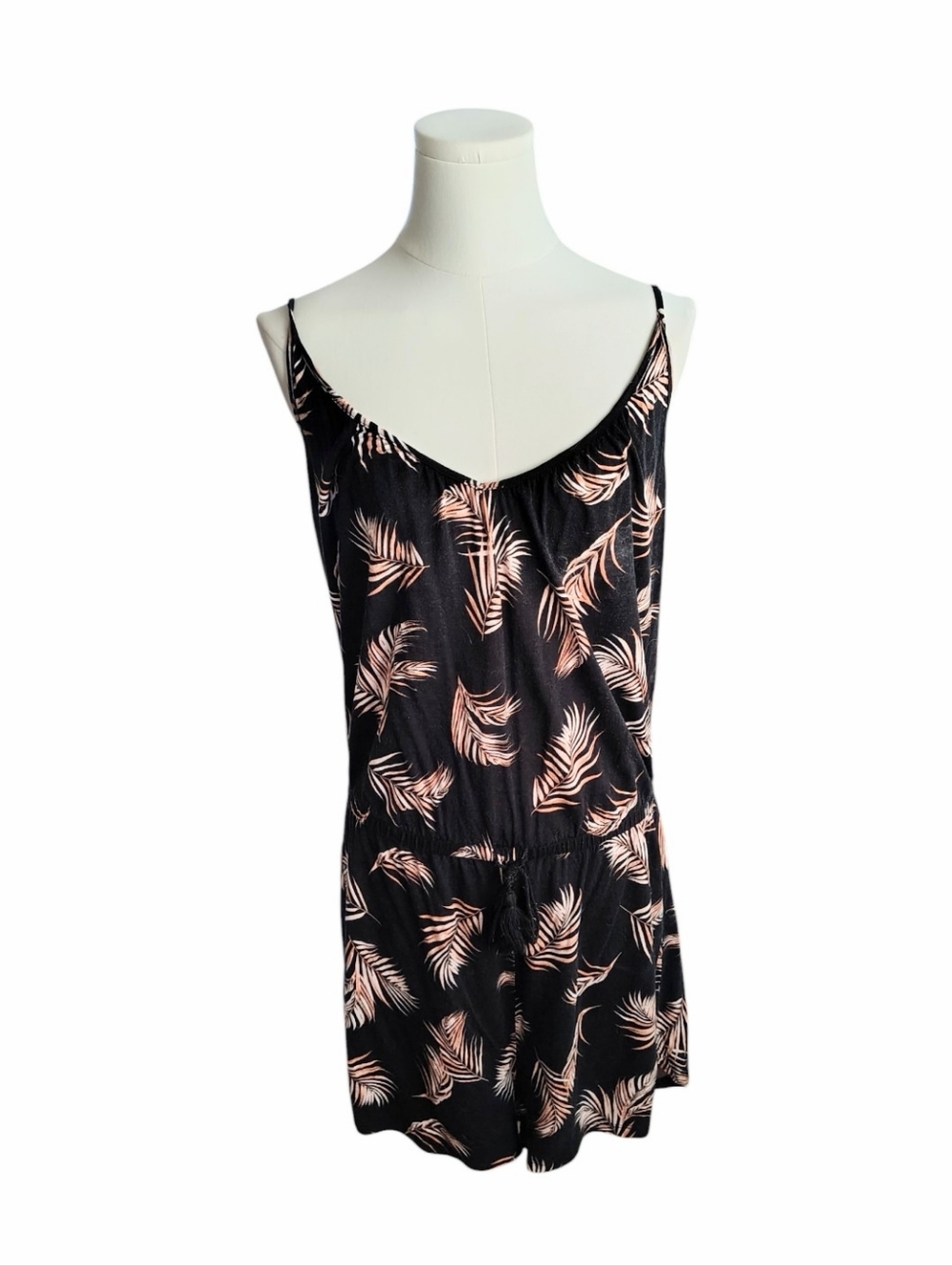 Vintage H&M Black Tan Feather Palm Patterned Romper With Tassle Size Medium